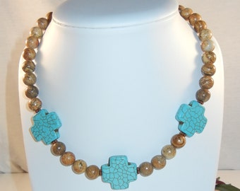 On sale: Genuine turquoise, genuine picture jasper and copper statement necklace and earrings set