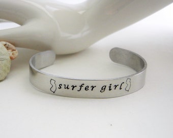 Surfer girl... Hand stamped sturdy aluminum "Surfer girl" cuff bracelet, New Jersey, Jersey shore, beach girl,state,surf, surfing, custom
