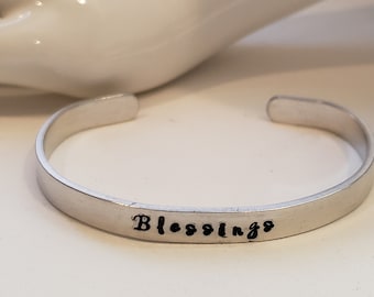 Cuff bracelet "Blessings" Hand stamped sturdy aluminum cuff bracelet, friend, teacher, wife, sister, aunt, bestie, sending blessings, custom