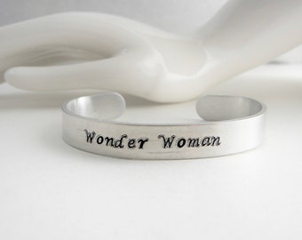 Wonder Woman...Hand stamped sturdy aluminum inspirational cuff bracelet, survivor, believe,stars,mother, daughter, sister,custom
