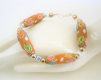 Decorative clay artisan beads, cube swarovski crystal adjustable all sterling silver lobster clasp bracelet