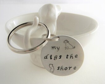 Dog lovers "mijn hond graaft de Jersey shore" hand gestempeld aluminium, hond, strand minnaar, sleutelhanger, sleutelhanger, rits Trek