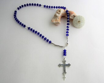 Rosary necklace hand stamped Blessed, bright blue and clear crystal beads, Hill tribe sterling silver & sterling silver cross dangle pendant
