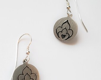 Geometric design hand stamped earrings, meditation, yoga, heart, sterling silver, aluminum circle pendant handmade mandala earrings, dangle