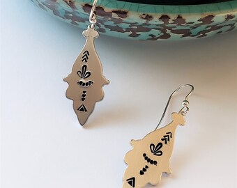 Geometric design, chandelier hand stamped earrings, sterling silver,stamped aluminum handmade earrings, dangle, mandala design