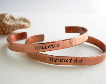 2 Hand stamped copper cuff custom bracelets, breathe, believe, inspiration, yoga, motivational, save money with this listing on 2 bracelets