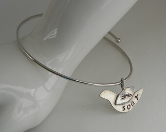 Sterling silver bird charm hand stamped "soar" sun stamp adjustable charm bangle bracelet, fly high, inspiration, graduation