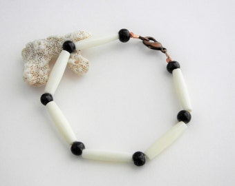 Men's genuine white bone and black wood, copper lobster clasp bracelet (unisex)