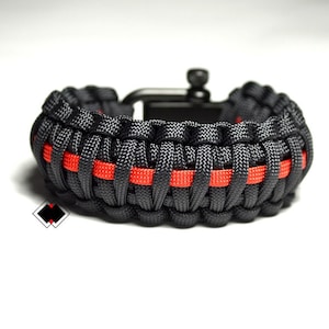 Deluxe Firefighter thin red line - 550 paracord survival bracelet - black Stainless Steel adjustable shackle - handmade in US