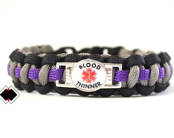 Blood Thinner - Medical Alert Paracord Bracelet - black grey purple or Custom Made - Handmade in USA