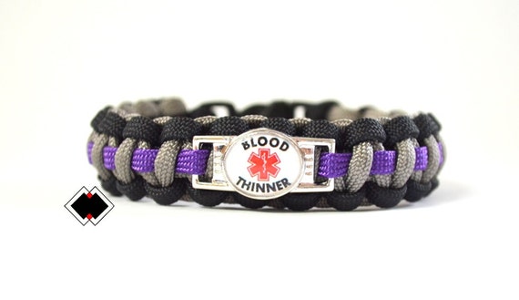 Blood Thinner - Medical Alert Paracord Bracelet - black grey purple or Custom Made - Handmade in USA