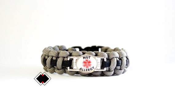 Nut Allergy Medical Alert Paracord Bracelet Grey and Black or Custom Handmade in USA