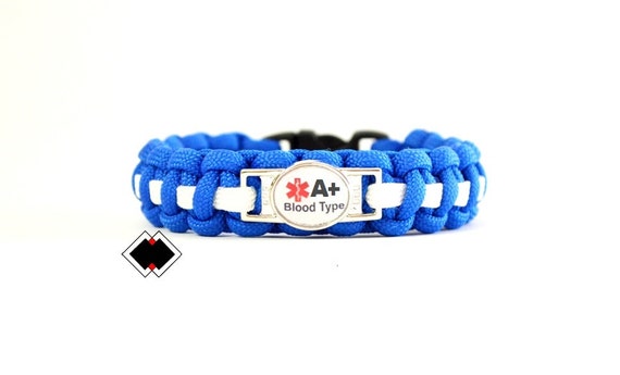 Blood Type A+ Positive Medical Alert Paracord Bracelet custom colors Handmade in USA