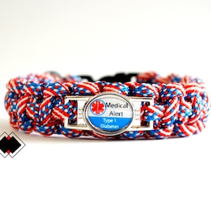 Type 1 Diabetes - Type 2 Diabetes Medical Alert Paracord Bracelet - Old Glory or Custom Made - Handmade in USA