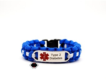 Type 2 Diabetes Medical Alert Paracord Bracelet Stainless Steel Engraved Handmade in USA