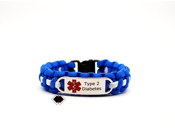 Type 2 Diabetes Medical Alert Paracord Bracelet Stainless Steel Engraved Handmade in USA