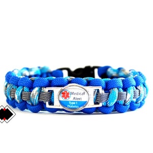 Type 1 Diabetes Type 2 Diabetes Medical Alert Paracord Bracelet blues and grey or Custom Made in USA