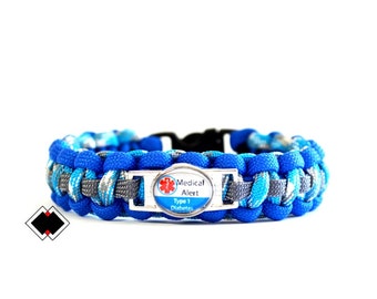 Type 1 Diabetes Type 2 Diabetes Medical Alert Paracord Bracelet blues and grey or Custom Made in USA