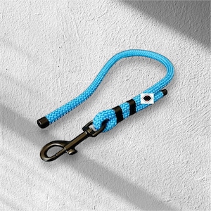 Puede incluir: Una correa para perro de cuerda azul brillante con un clip de metal negro. La correa tiene una raya negra que recorre la longitud de la cuerda.