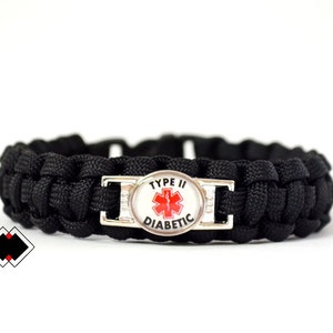 Type II Diabetic Diabetes Medical Alert Paracord Bracelet Black or Custom Handmade in USA