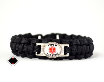 Type II Diabetic Diabetes Medical Alert Paracord Bracelet Black or Custom Handmade in USA