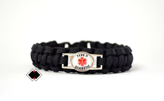 Type II Diabetic Diabetes Medical Alert Paracord Bracelet Black or Custom Handmade in USA