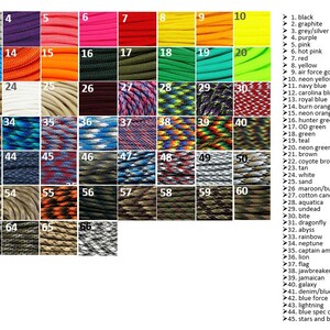 May include: A chart of 66 different colors of paracord, each with a number and a name. The paracord is arranged in a grid of 6 rows and 11 columns. The colors include black, graphite, grey/silver, purple, pink, hot pink, red, yellow, air force gold, neon yellow, navy blue, carolina blue, royal blue, burn orange, neon orange, hunter green, OD green, green, teal, neon green, brown, coyote brown, tan, white, sand, maroon/burgundy, cotton candy, aquatica, undead, bite, dragonfly, abyss, rainbow, neptune, captain america, lion, flag, jawbreaker, jamaican, galaxy, denim/blue jean, blue force, lightning, blue spec camo, and stars and bars.