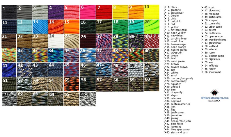 May include: A chart of 66 different colors of paracord, each with a number and a name. The paracord is arranged in a grid of 6 rows and 11 columns. The colors include black, graphite, grey/silver, purple, pink, hot pink, red, yellow, air force gold, neon yellow, navy blue, carolina blue, royal blue, burn orange, neon orange, hunter green, OD green, green, teal, neon green, brown, coyote brown, tan, white, sand, maroon/burgundy, cotton candy, aquatica, undead, bite, dragonfly, abyss, rainbow, neptune, captain america, lion, flag, jawbreaker, jamaican, galaxy, denim/blue jean, blue force, lightning, blue spec camo, and stars and bars.