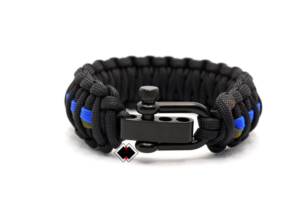 Deluxe Police thin blue line Sheriff - 550 paracord survival bracelet -  black Stainless Steel adjustable shackle - handmade in US