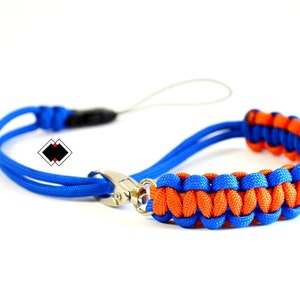 paracord camera wrist strap - orange and blue - adjustable with swivel clasp and quick-release connector - custom - made in USA