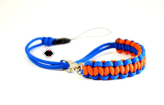 paracord camera wrist strap - orange and blue - adjustable with swivel clasp and quick-release connector - custom - made in USA