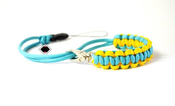 paracord camera wrist strap - carolina blue and yellow - adjustable with swivel clasp and quick-release connector - custom - made in USA