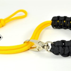 paracord camera wrist strap - black-yellow - adjustable with swivel clasp - custom - made in USA