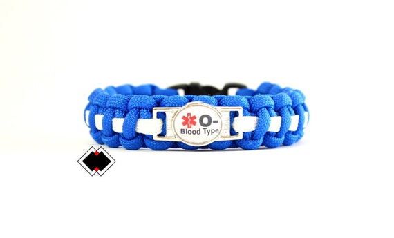 Blood Type O- Negative Medical Alert Paracord Bracelet custom colors Handmade in USA