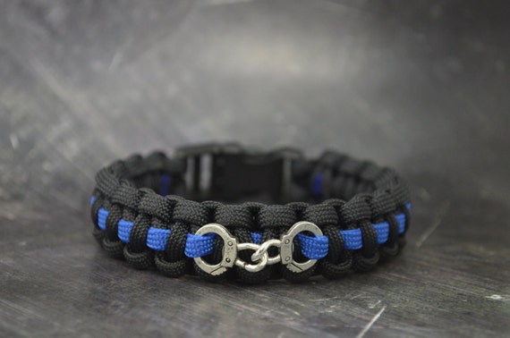 Police thin blue line - 550 paracord survival bracelet  - with handcuff charm - handmade