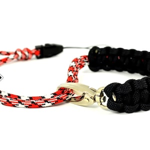 paracord camera wrist strap - black-red-white - adjustable with swivel clasp and quick-release connector - custom - made in USA