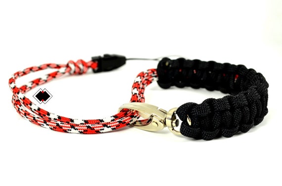 paracord camera wrist strap - black-red-white - adjustable with swivel clasp and quick-release connector - custom - made in USA