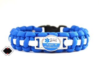 Type II Diabetic Diabetes Medical Alert Paracord Bracelet N Blue and White or Custom Made Handmade in USA