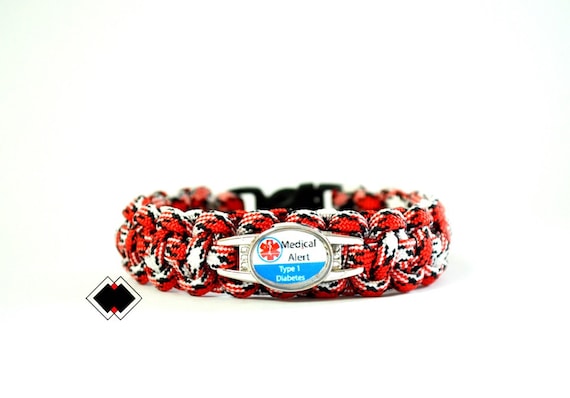 Type 1 Diabetes Diabetes Medical Alert Paracord Bracelet red/black/white or Custom Made in USA