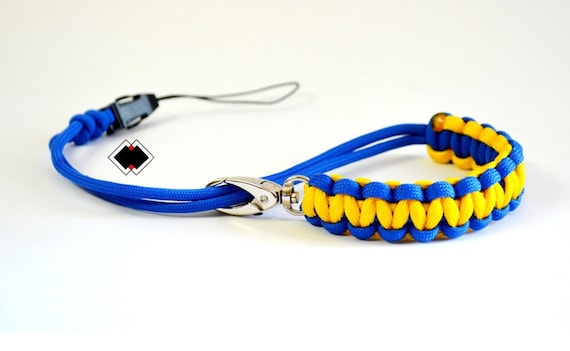 paracord camera wrist strap - yellow and blue - adjustable with swivel clasp and quick-release connector - custom - made in USA