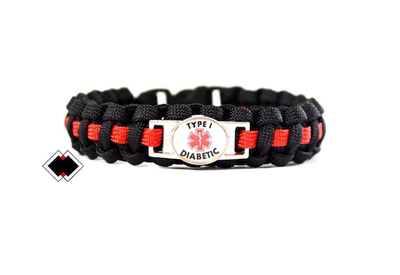 Type I Diabetic Diabetes Medical Alert Paracord Bracelet black and red or Custom Handmade in USA