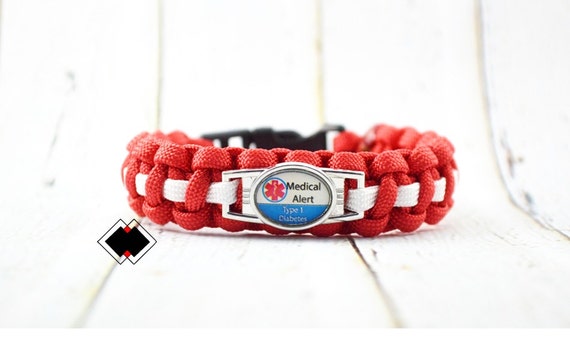 Type 1 Diabetes Type 2 Diabetes Medical Alert Paracord Bracelet red and white or Custom Handmade in USA