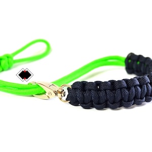 paracord camera wrist strap - navy blue and lime green - adjustable - made in USA