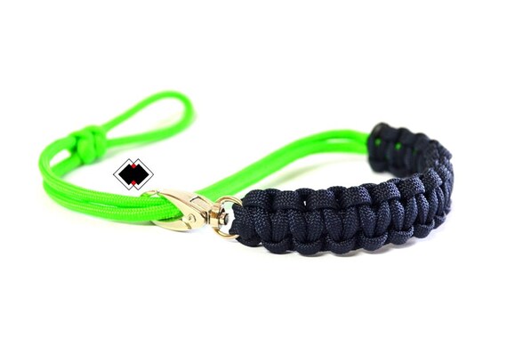 paracord camera wrist strap - navy blue and lime green - adjustable - made in USA