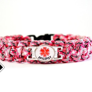 Epilepsy Medical Alert Paracord Bracelet pink camo or Custom Made - Handmade in USA