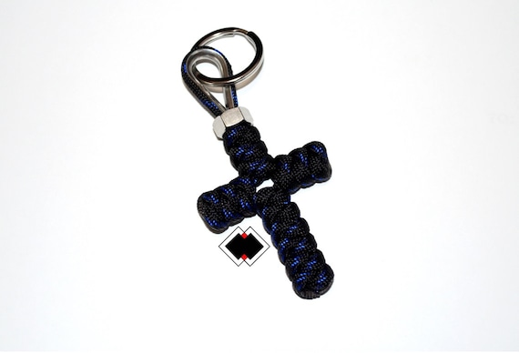 Cross keychain Police Thin Blue Line 550 Paracord  Handmade in USA