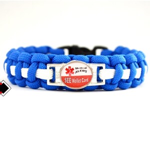 See Wallet Card R Medical Alert Paracord Bracelet Blue and White or Custom Made Handmade in USA