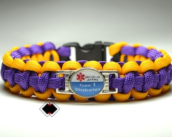 Type 1 Diabetes Diabetes Medical Alert Paracord Bracelet Purple/Gold Burns Hilander or Custom Made in USA