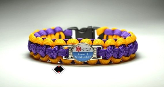 Type 1 Diabetes Diabetes Medical Alert Paracord Bracelet Purple/Gold Burns Hilander or Custom Made in USA