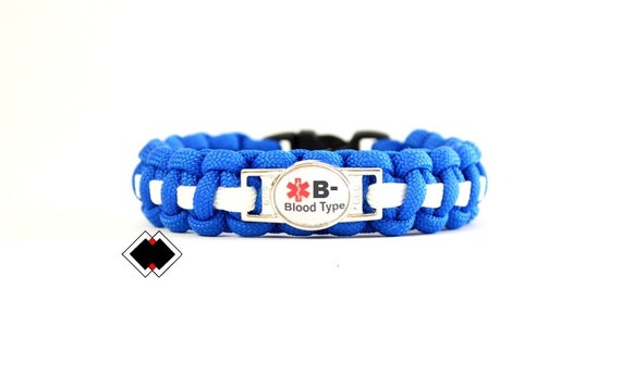 Blood Type B- Negative Medical Alert Paracord Bracelet custom colors Handmade in USA